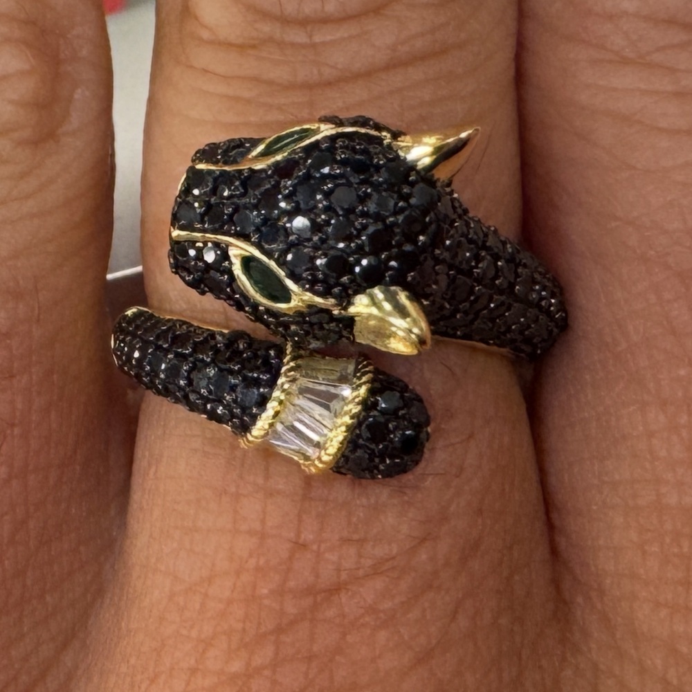Rachel Zoe black panther Onyx & CZ 18K gold plated silver 925 wrap-around ring